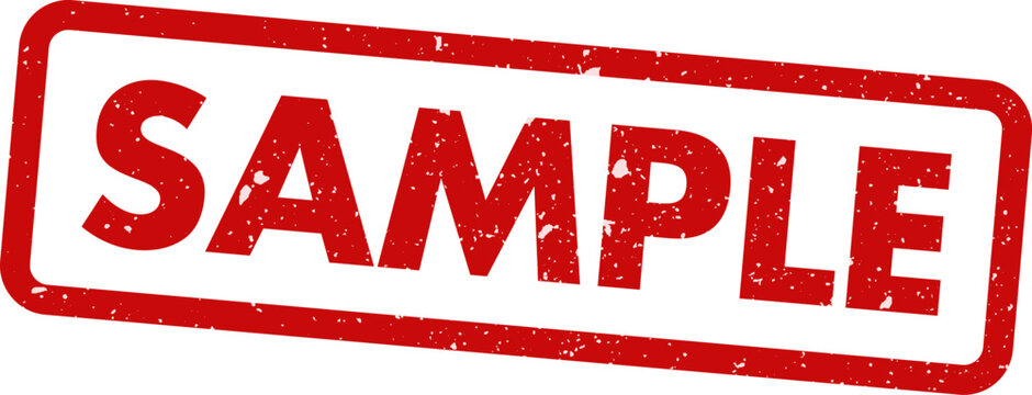 Red rubber stamp impression with the word 'sample' in white isolated on a white background