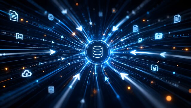 Data centralization and cloud computing concept with glowing information network hub processing digital assets and enterprise software analytics