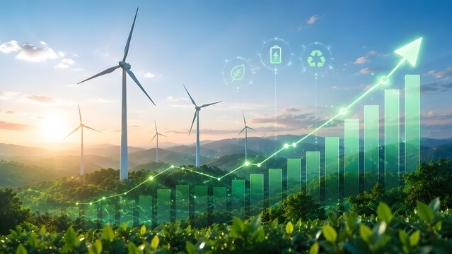 Renewable energy market trend showing rising green growth chart over wind farm and agricultural landscape highlighting sustainable business practices