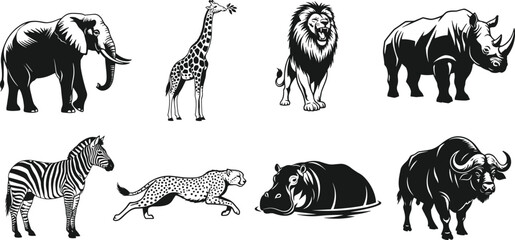 African Wildlife Animal Silhouette Collection Featuring Elephant Lion Rhino Zebra and Buffalo © Mim