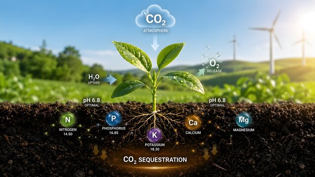 Soil carbon sequestration concept with plant nutrient diagram illustrating sustainable agriculture and environmental ecological balance