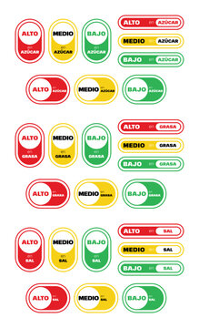 Vector set of mini food nutrition in Spanish showing high (alto), medium (medio), and low (bajo) levels of sugar (azucar), fat (grasa), and salt (sal) using red, yellow, green. Nutrition label concept