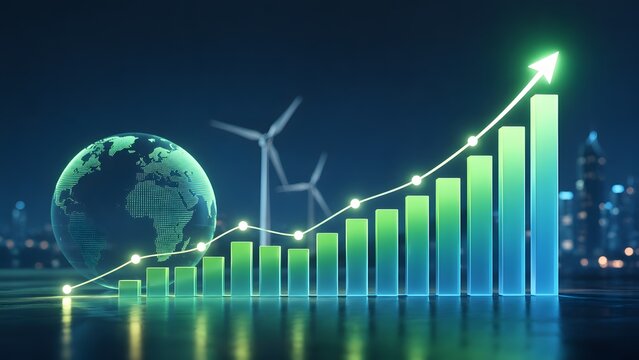Global green economy concept with rising financial chart and digital earth representing sustainable investment and renewable energy market growth