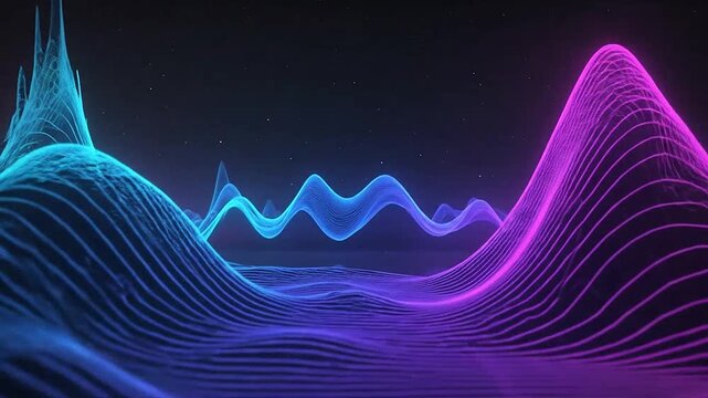 Abstract digital landscape with glowing neon light wave patterns