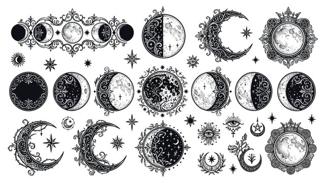 Intricate black and white celestial illustrations featuring moon phases, stars, and ornate mystical designs.