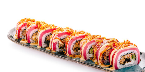 Tuna maki sushi rolls with crispy fried onions © AntAlexStudio