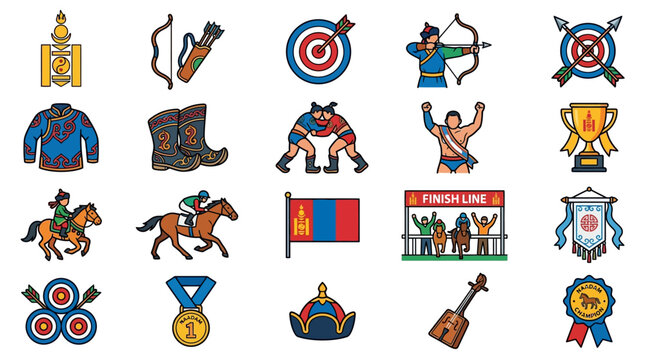 Naadam Festival Icons Set, Traditional Mongolian Symbols