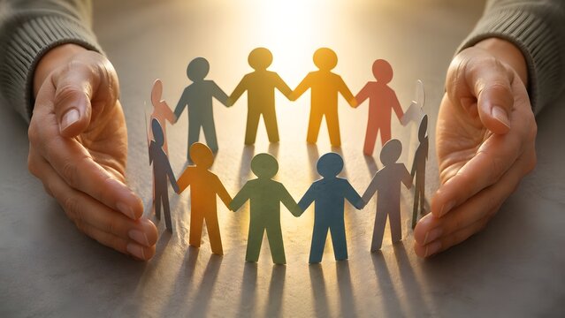 Diversity and inclusion concept with human hands protecting a colorful paper figure circle representing community support and team unity