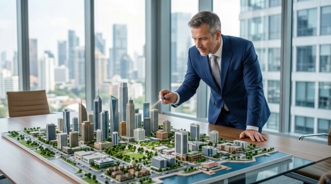 Businessman examines an architectural model of a city development project in a modern office