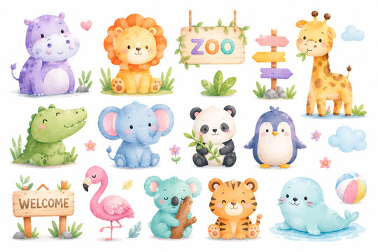 Kawaii Safari and Zoo animals pastel watercolor illustration set