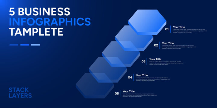 Modern 5 Steps Business Infographic Template with Isometric Stacked Hexagon Layers on Dark Blue Background