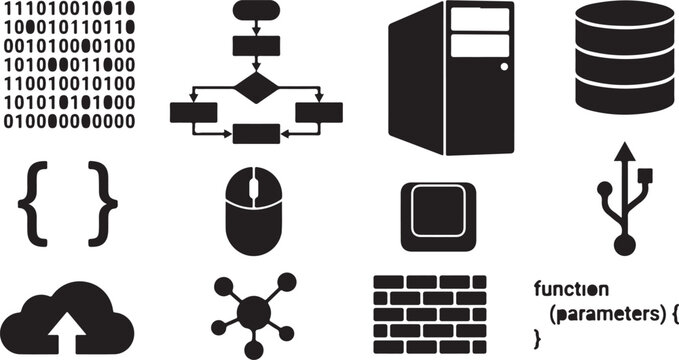 Black technology icons set with computer database and code symbols