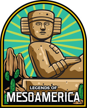 Detailed hand-drawn retro emblem illustration of a traditional Chacmool stone sculpture from the legends of Mesoamerica with a desert backdrop