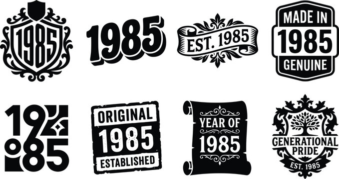 Vintage 1985 Anniversary Badge Collection with Retro Emblems and Established Labels