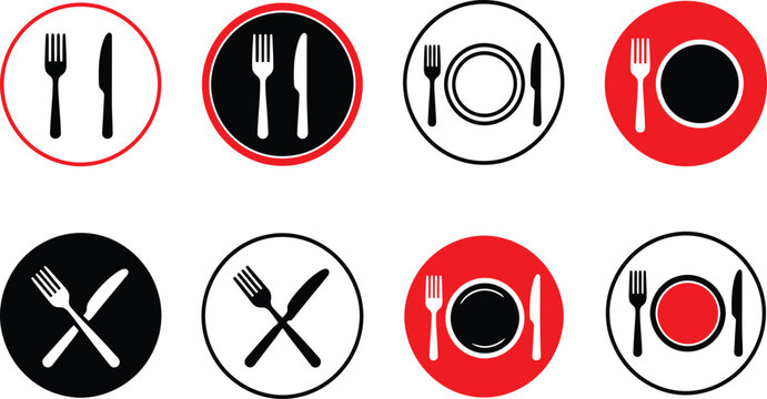 Restaurant cutlery and dinnerware icons, fork and knife set for food and catering business.