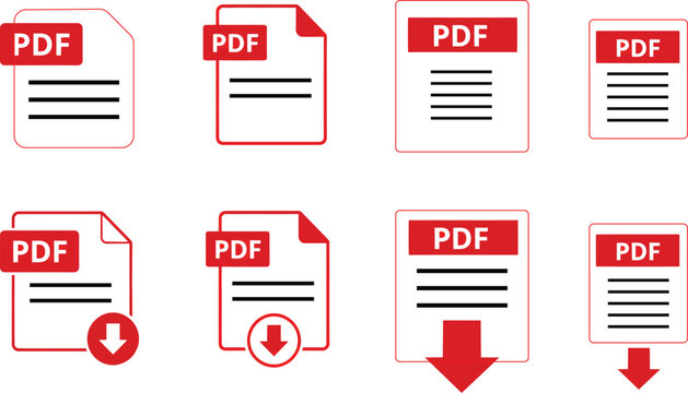 Collection of PDF file document icons with download buttons, web UI elements.
