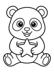 Fototapeta premium Cute panda bear, black and white illustration, cartoon character, star holding animal