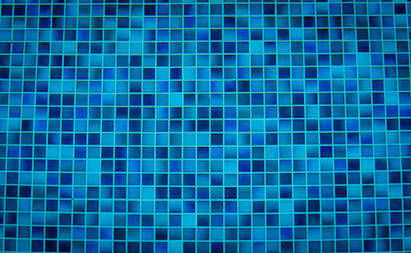 Blue tile pattern of swimming pool tiles. Pool tiles texture background. Clean water with swimming pool mosaic tiles floor. Modern pattern of tiny square pool mosaic floor of bathroom or shower room.