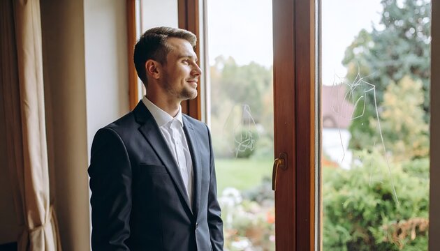 Thoughtful businessman looking out window indoors.