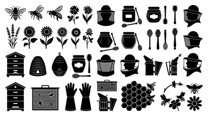 Beekeeping silhouette icon set with bees hives honey jars and apiary tools vector collection © Romjan