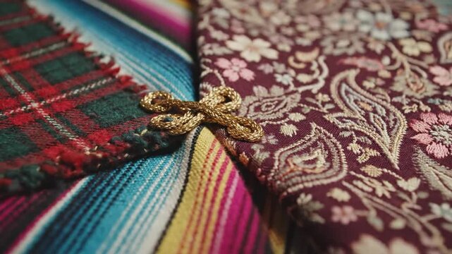 Close-up of textured fabrics: plaid, paisley, and striped blanket