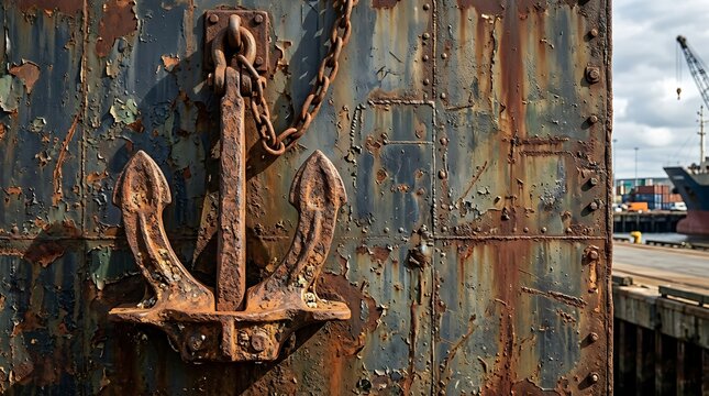Rusty anchor on metal ship hull.