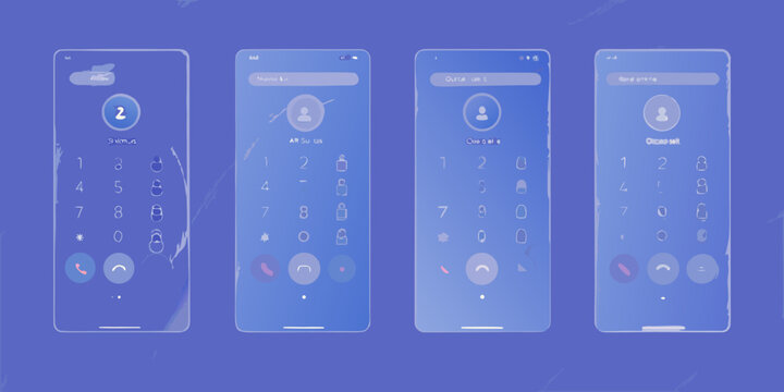 Smartphone call screen interfaces glassmorphism style blue gradient background