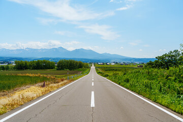 Obraz premium A stunning perspective shot of a long straight paved road leading directly toward the magnificent Daisetsuzan mountain range in Furano, Hokkaido. Ideal for road trip and travel concepts.