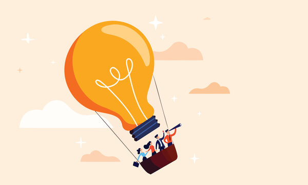 Professional business team members fly in a large glowing yellow lightbulb hot air balloon while using a spyglass to search for new creative corporate opportunities