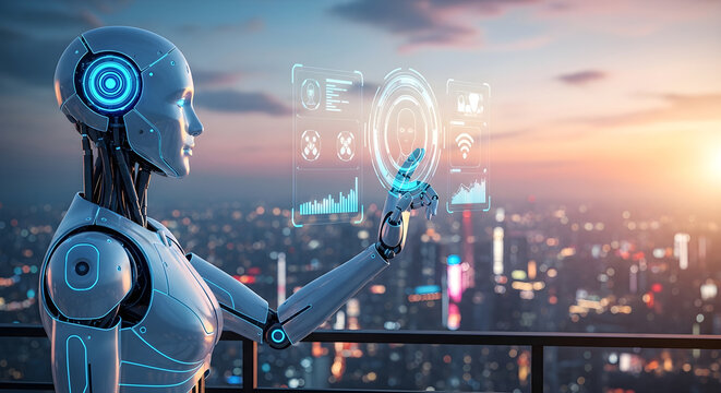 Advanced female humanoid robot touching a holographic interface with data visualization against a city sunset