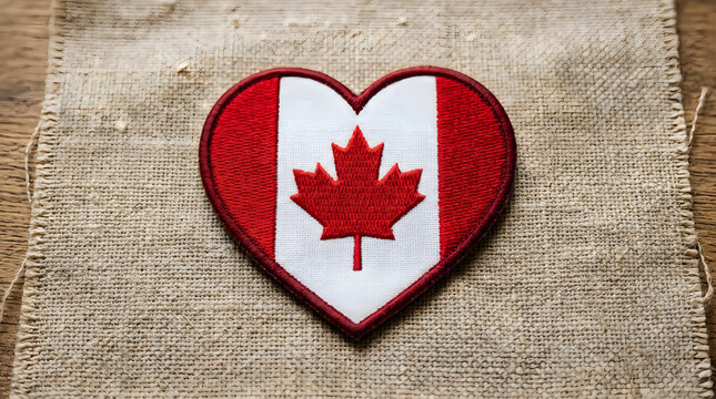 Canada flag heart shape patch on a fabric background