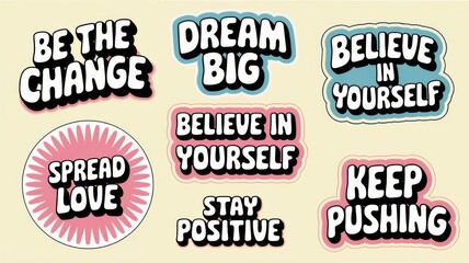 Obraz premium Colorful retro stickers with positive messages vector set