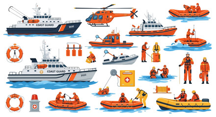 Naklejka premium Rescue teams in luxury sailboats and yachts respond to emergencies at sea