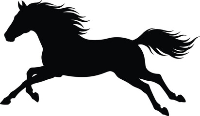Black silhouette of a horse galloping with flowing mane and tail on a white background animal mammal © Romana