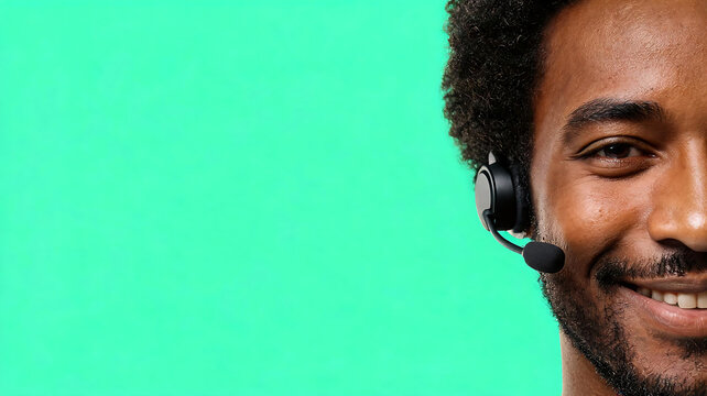 Portrait of a smiling black male customer service representative wearing a headset. Professional support agent with headset isolated on a green background.
