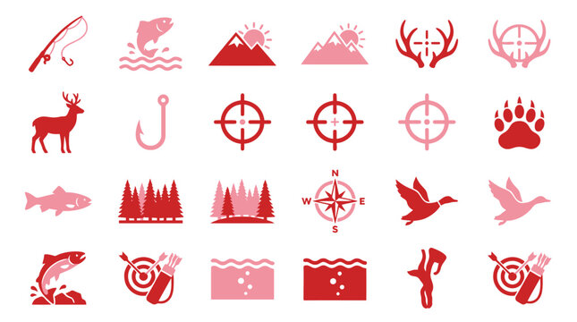 Collection of hunting and fishing icons in red and pink, representing various outdoor activities and symbols.