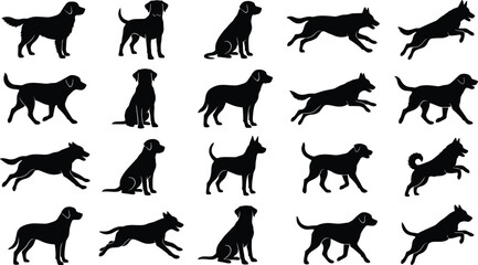 Silhouette collection of dogs in various poses and activities Keywords: dogs, silhouettes, canine, pet, animal, puppy, breed, running, jumping, sitting, standing, lying © Romana