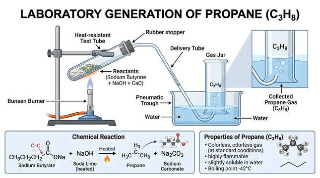 Laboratory generation of propane (C₃H₈) by heating sodium propionate with soda lime, showing test tube setup, delivery tube, pneumatic trough gas collection, balanced chemical reaction, and summarized