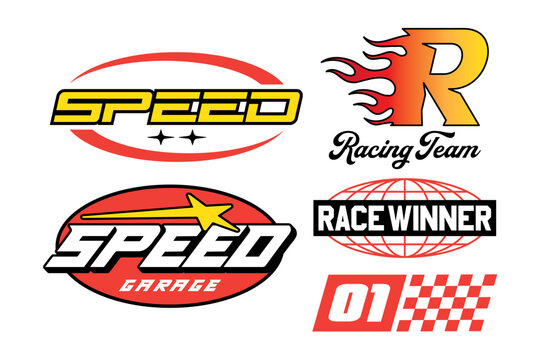 Streetwear auto racing logo and automotive badge with set y2k vector style featuring speed garage, racing team logos, checkered flags, flaming letters, and wireframe globes on white background.
