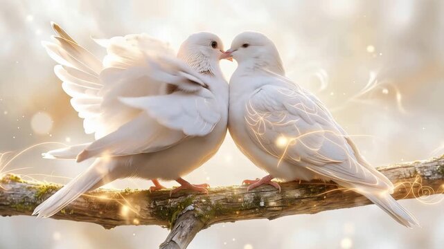 Two beautiful white doves perched on a branch, symbolizing love, peace, and harmony in a soft, glowing, ethereal atmosphere 4k video