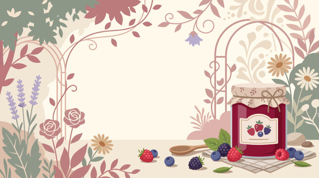 A still life illustration of a jam jar surrounded by berries and floral patterns on a table indoors.