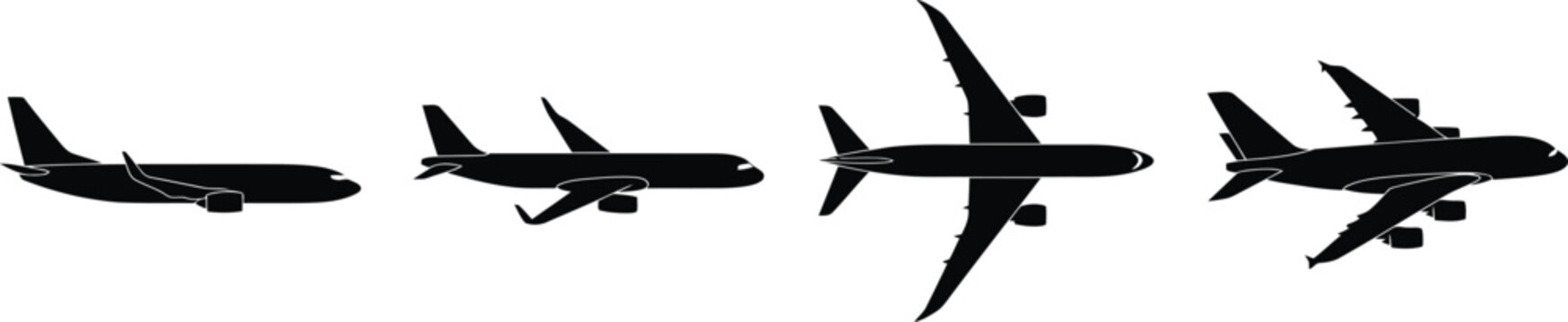 Set of silhouettes of different commercial passenger airplanes