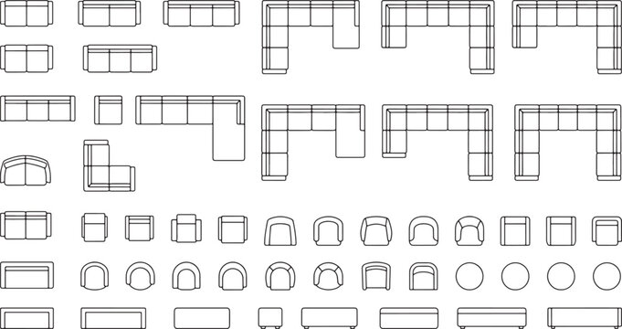 Furniture top view set with sofas armchairs and ottomans for architectural floor plan design vector illustration