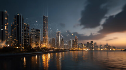 Obraz premium Digital Cityscape at Dusk: A futuristic city skyline glows with vibrant lights reflected on the calm water at dusk, symbolizing connectivity and technological advancement.
