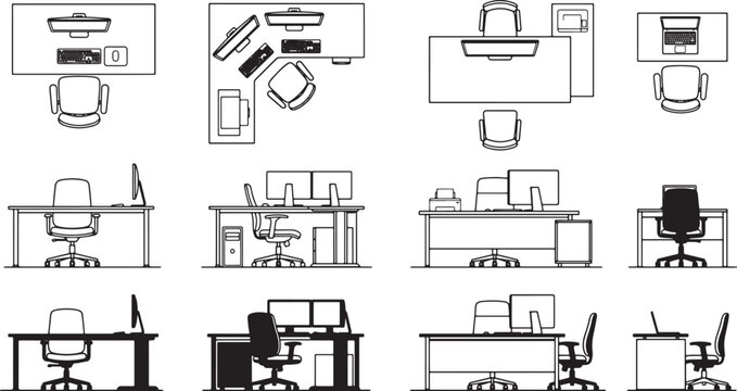 Office desk furniture set with computers and chairs in top and side view vector line art