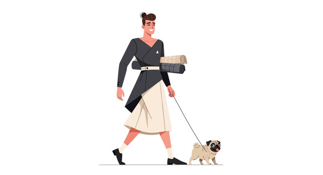 Woman walking pug on leash while holding laptop.