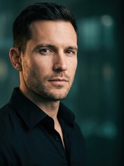 Fototapeta premium Serious Man in Black Shirt Looking Directly at Camera with Intense Gaze.
