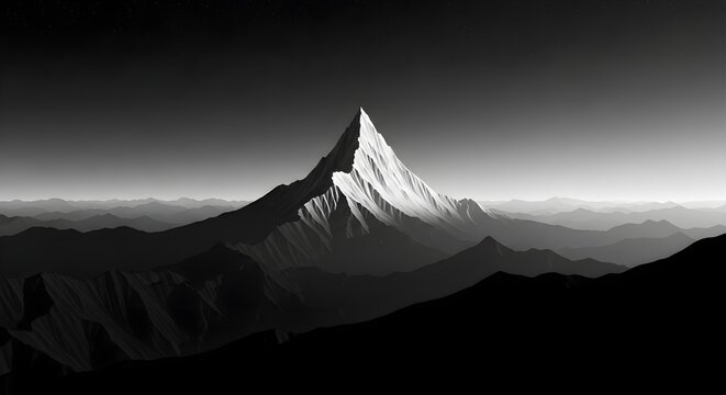 A giant majestic mountain peak stands tall with sharp jagged ridges and steep snowy slopes illuminated by soft moonlight in a dramatic high contrast black and white digital art style.