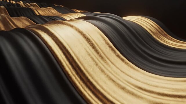Wavy texture of gold and black flowing fabric, with soft lighting