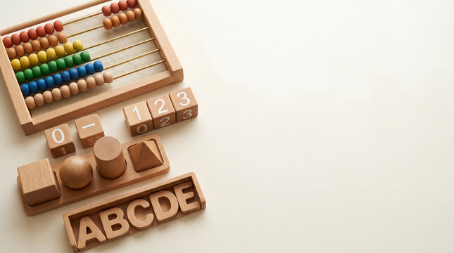 Wooden educational toys for children learning numbers and letters background
